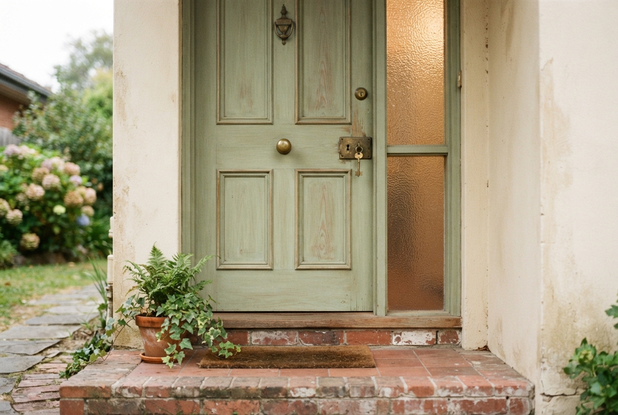 Weathered sage-green front door with keys, amber sidelight, potted plants, and brick steps.