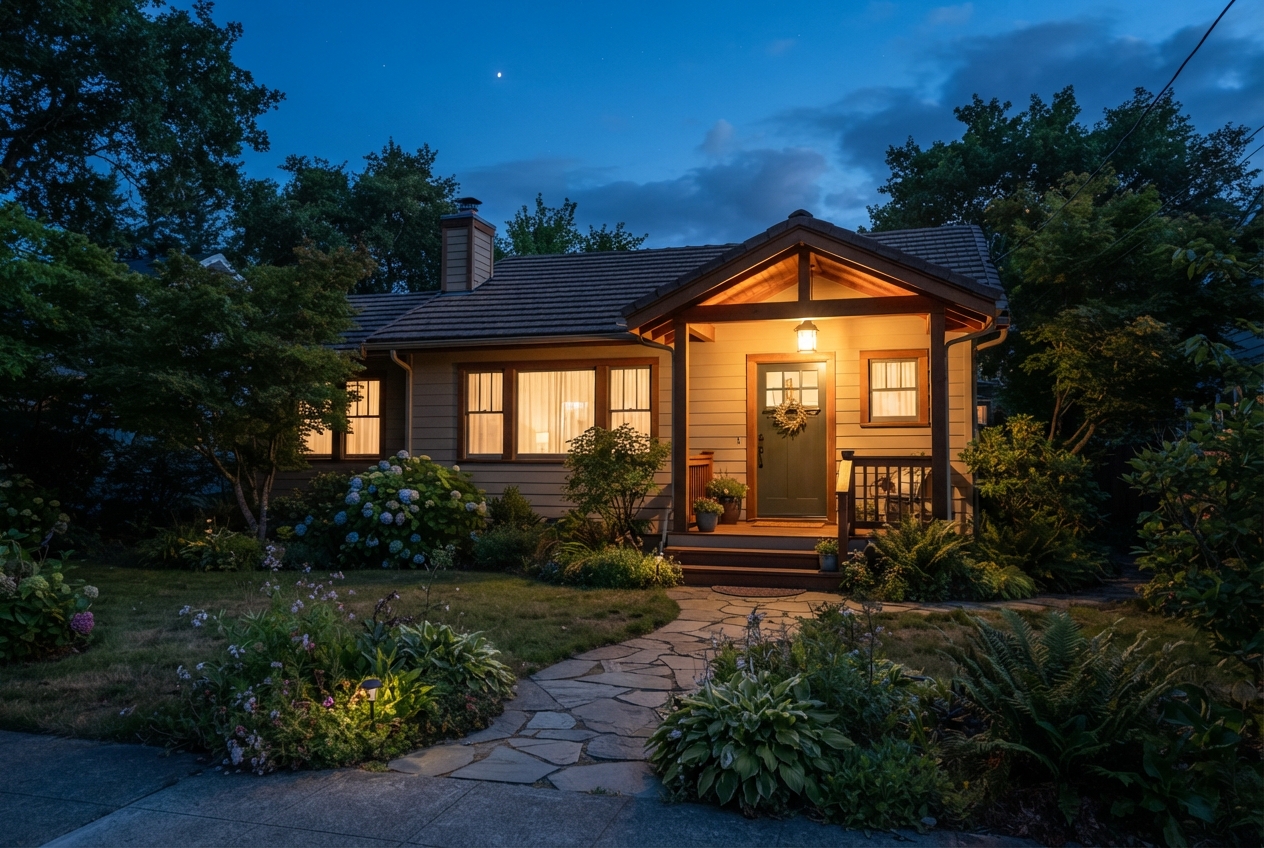 Warmly lit cottage with a covered porch, garden path, flowering plants, and trees at dusk.