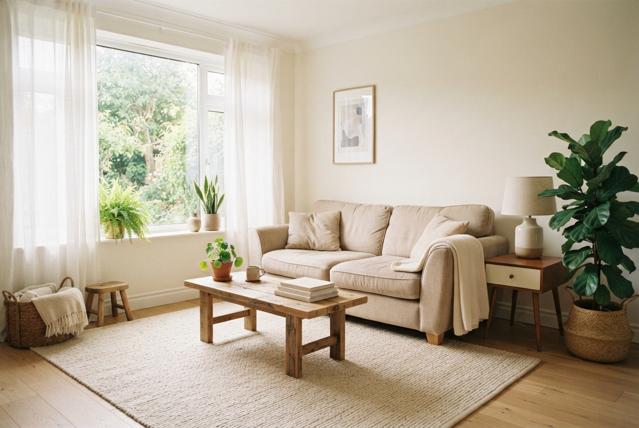 Bright beige living room with sofa, wooden coffee table, plants, large window, and woven rug.